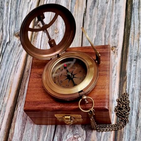 Vintage Style Brass Compass with Wooden Display Box
